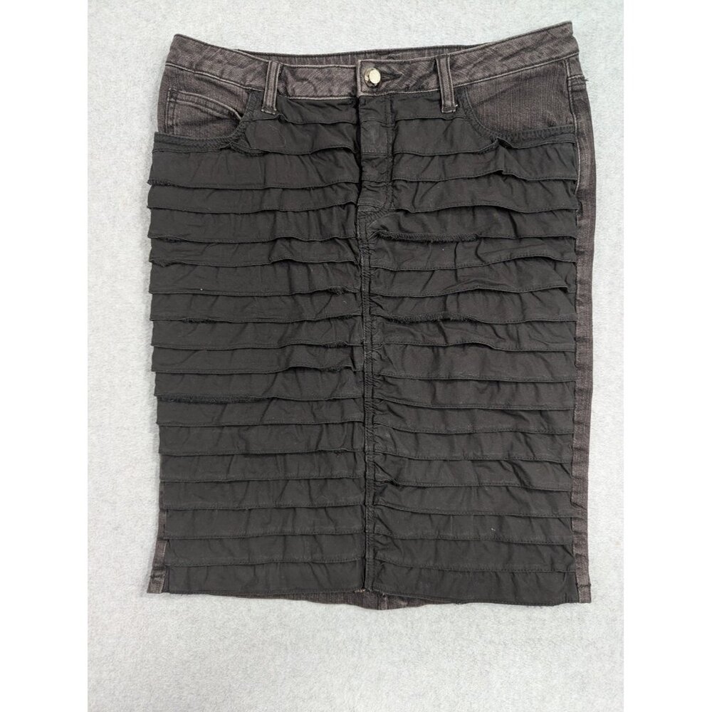 Bisou Bisou Black Skirt Womens 6 Jean Denim Ruffle Ruched Fitted Stretch Midi